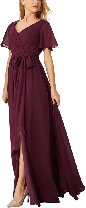 WIOJEIGO Bridesmaid Dresses for Women Long Chiffon with Sleeves Formal Evening Gowns Plus Size Wedding Guest Dress
