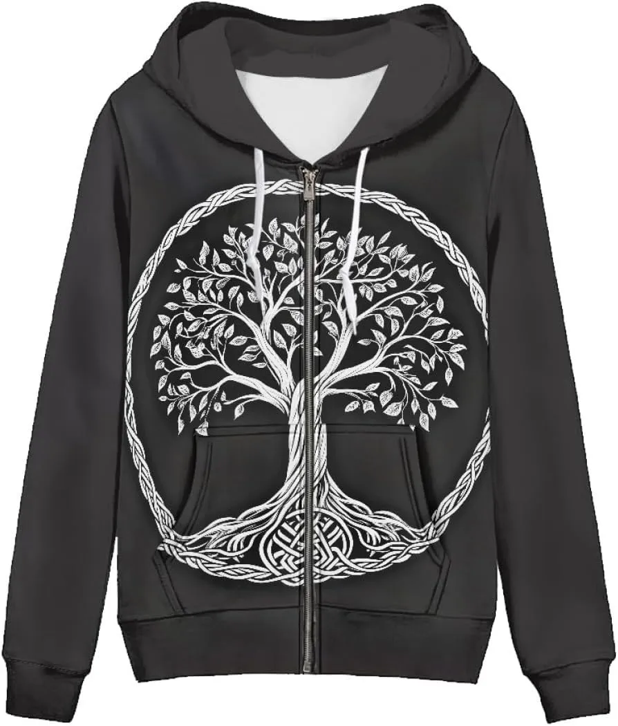 Women 3D Digital Print Viking Life Tree Zip Up Hoodie Hoodies Pullover Sweatshirt