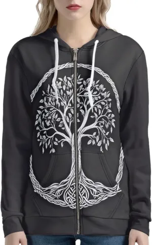 Women 3D Digital Print Viking Life Tree Zip Up Hoodie Hoodies Pullover Sweatshirt