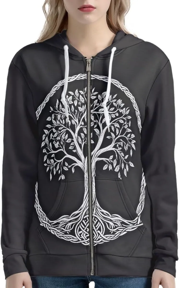 Women 3D Digital Print Viking Life Tree Zip Up Hoodie Hoodies Pullover Sweatshirt