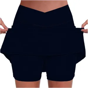 Women Athletic Tennis Skorts with Pockets 2 in 1 Golf Skirt Crossover High Waisted Sports Skorts Built-in Shorts