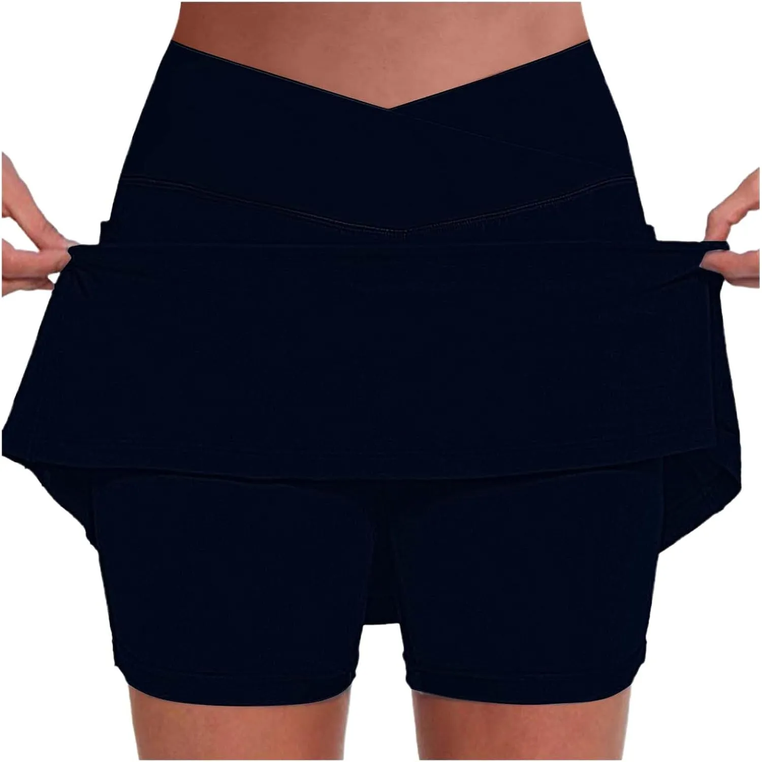 Women Athletic Tennis Skorts with Pockets 2 in 1 Golf Skirt Crossover High Waisted Sports Skorts Built-in Shorts