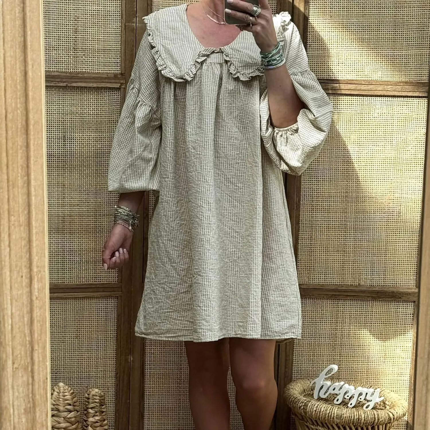 Women Babydoll Flowy Mini Dress Puff Sleeve Plaid Print Short Dress Cute Gingham Ruffle Swing Boho Sundress