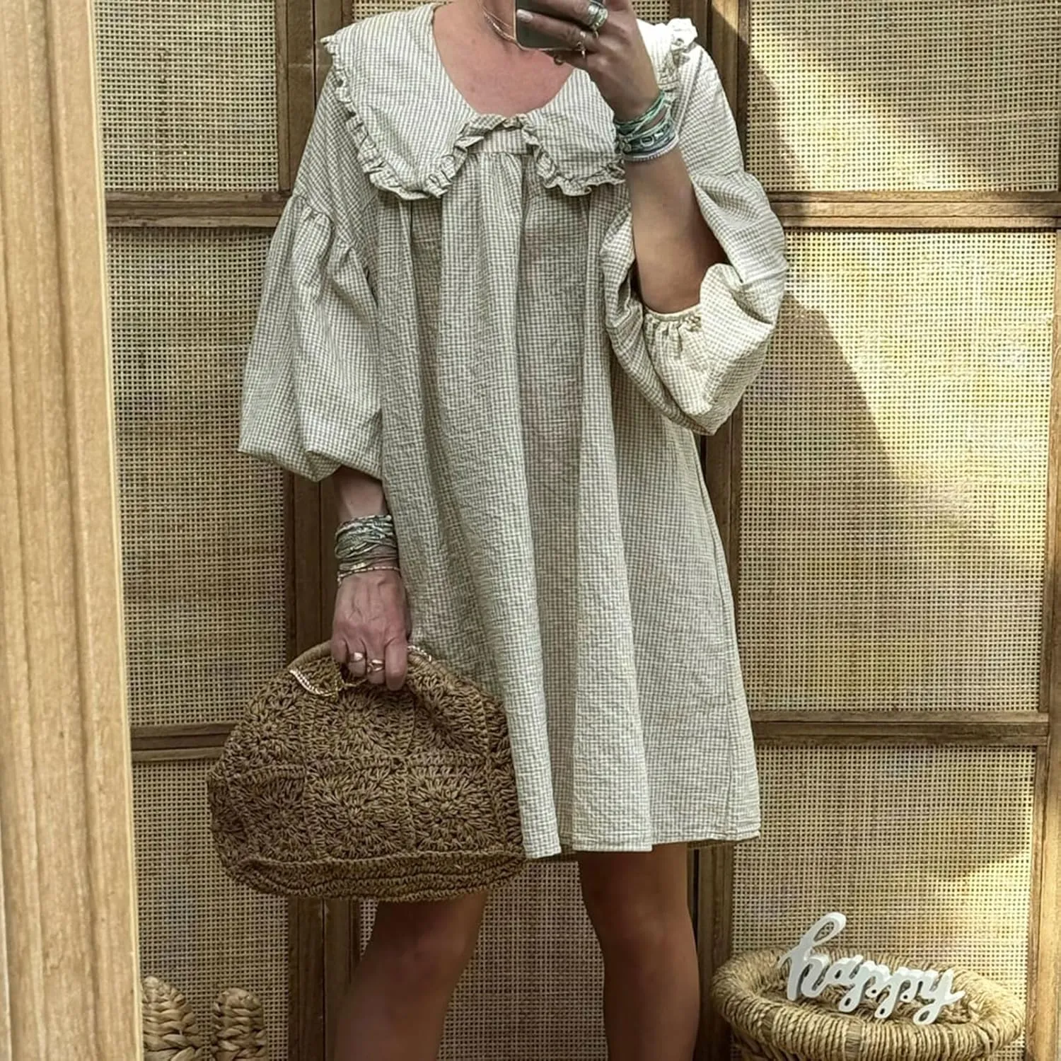 Women Babydoll Flowy Mini Dress Puff Sleeve Plaid Print Short Dress Cute Gingham Ruffle Swing Boho Sundress