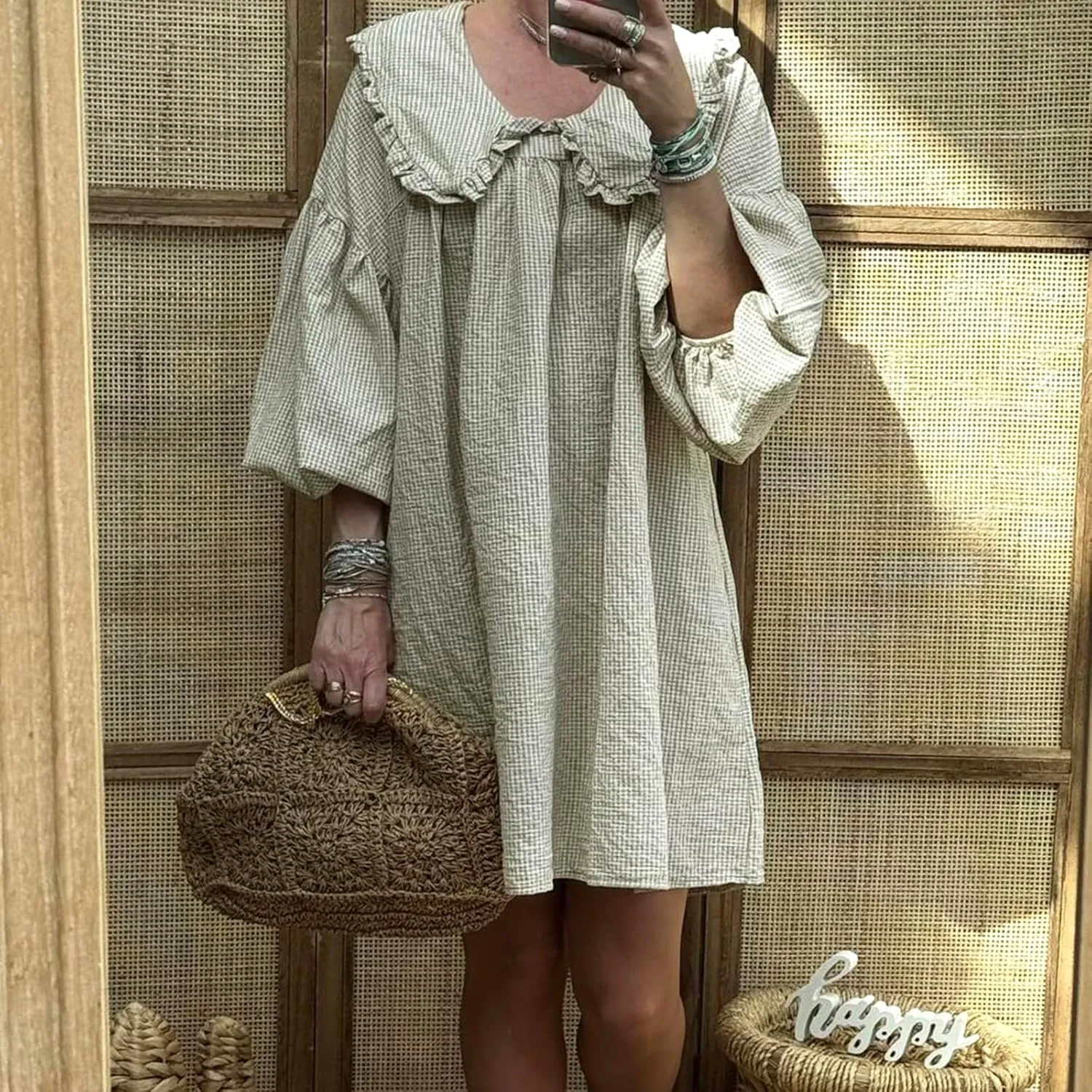 Women Babydoll Flowy Mini Dress Puff Sleeve Plaid Print Short Dress Cute Gingham Ruffle Swing Boho Sundress