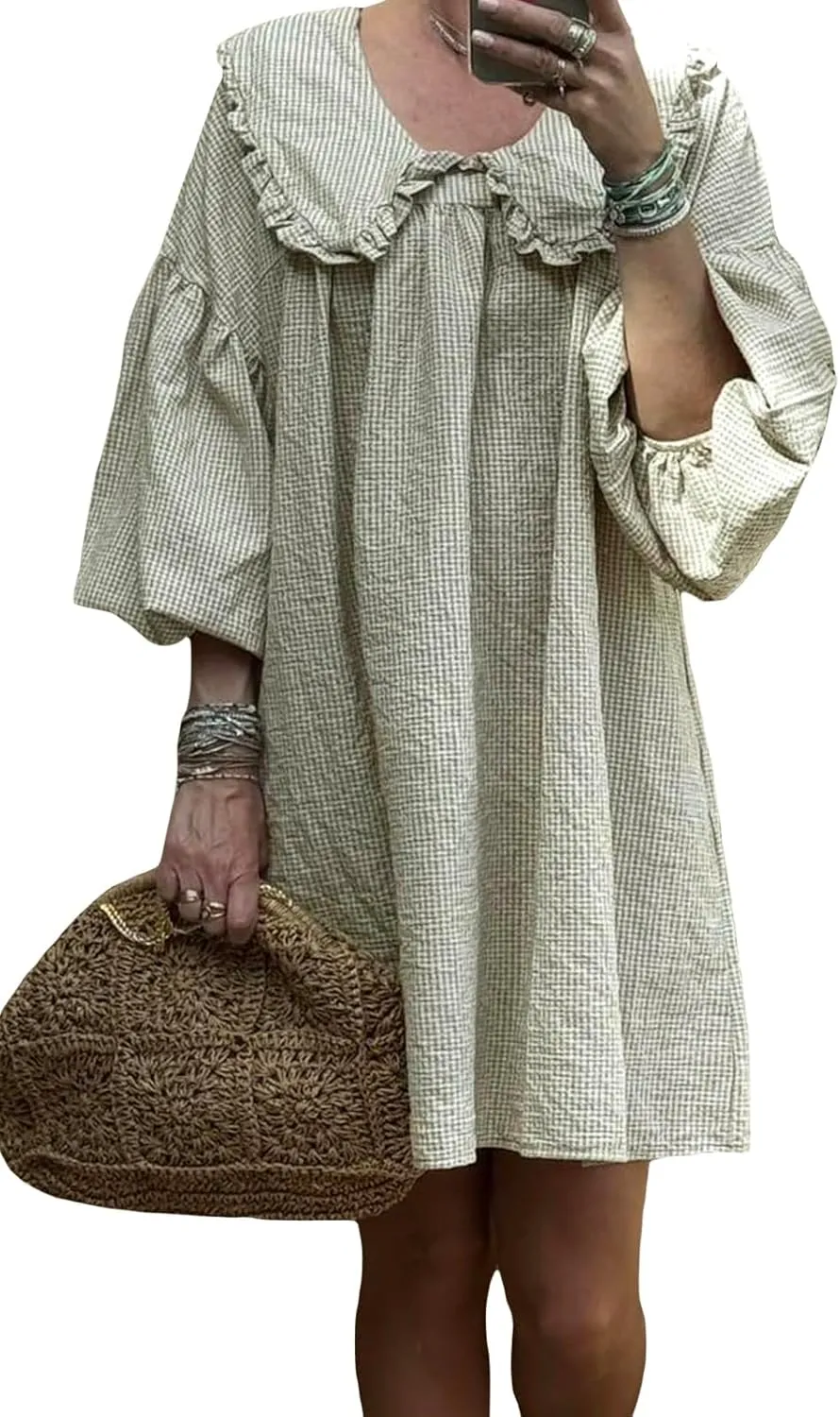 Women Babydoll Flowy Mini Dress Puff Sleeve Plaid Print Short Dress Cute Gingham Ruffle Swing Boho Sundress