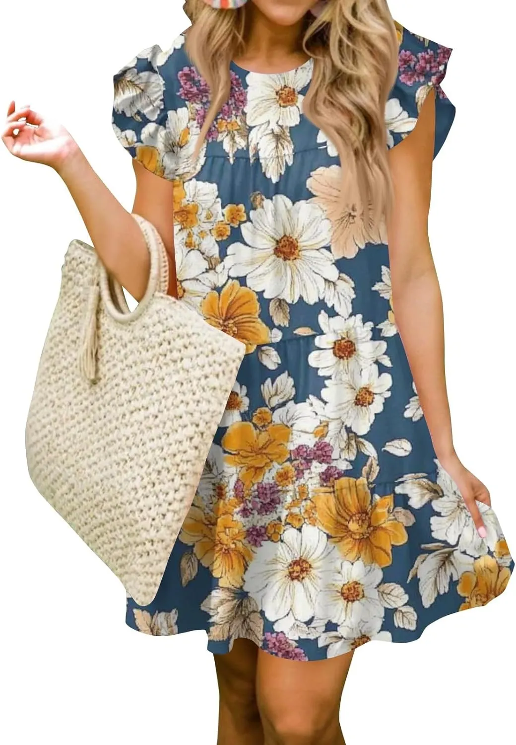 Women Babydoll Summer Casual Crew Neck Ruffle Sleeve Sleeveless Flowy Mini Short Tunic Dress Floral Print Pleated Dress1-Blue,X-Large