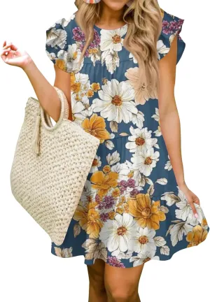 Women Babydoll Summer Casual Crew Neck Ruffle Sleeve Sleeveless Flowy Mini Short Tunic Dress Floral Print Pleated Dress1-Blue,X-Large