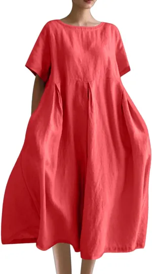 Women Basic Cotton Linen A-Line Dress Summer Short Sleeve Crewneck Flowy Midi Dresses Plus Size Casual Beach Dress