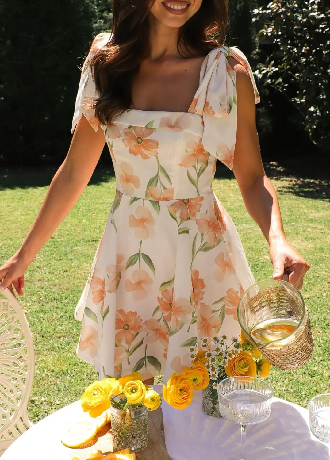Women Boho Tie Shoulder Mini Dress Y2k Floral Spaghetti Strap Short Dress Flowy A Line Sundress Summer Streetwear