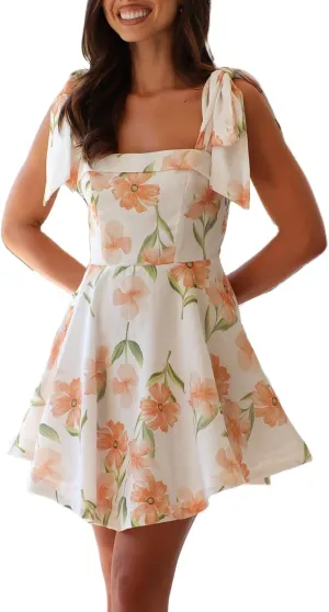 Women Boho Tie Shoulder Mini Dress Y2k Floral Spaghetti Strap Short Dress Flowy A Line Sundress Summer Streetwear