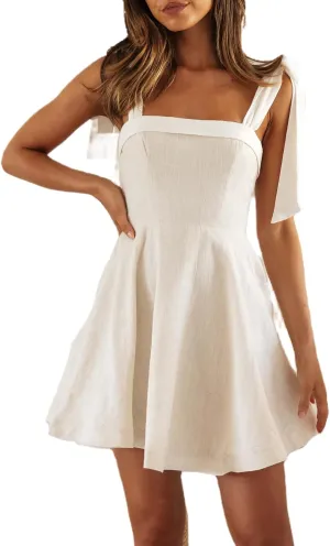 Women Boho Tie Shoulder Mini Dress Y2k Floral Spaghetti Strap Short Dress Flowy A Line Sundress Summer Streetwear