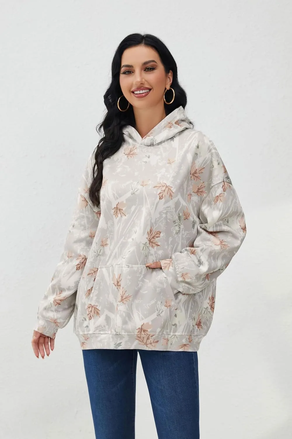Women Camo Hoodies Oversized Maple Leaf Fleece Hooded Sweatshirt Long Sleeve Fall Trendy Pullover Hoodie with Pocket
