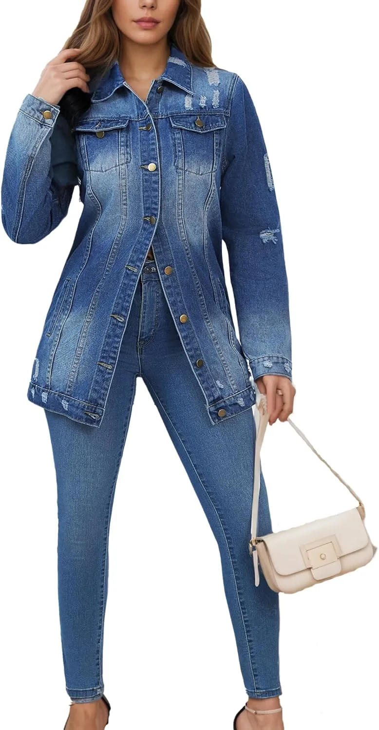 Women Distressed Denim Jacket Button Down Long Sleeve Midi Length Jean Coat Casual Oversized Ripped Denim Jacket