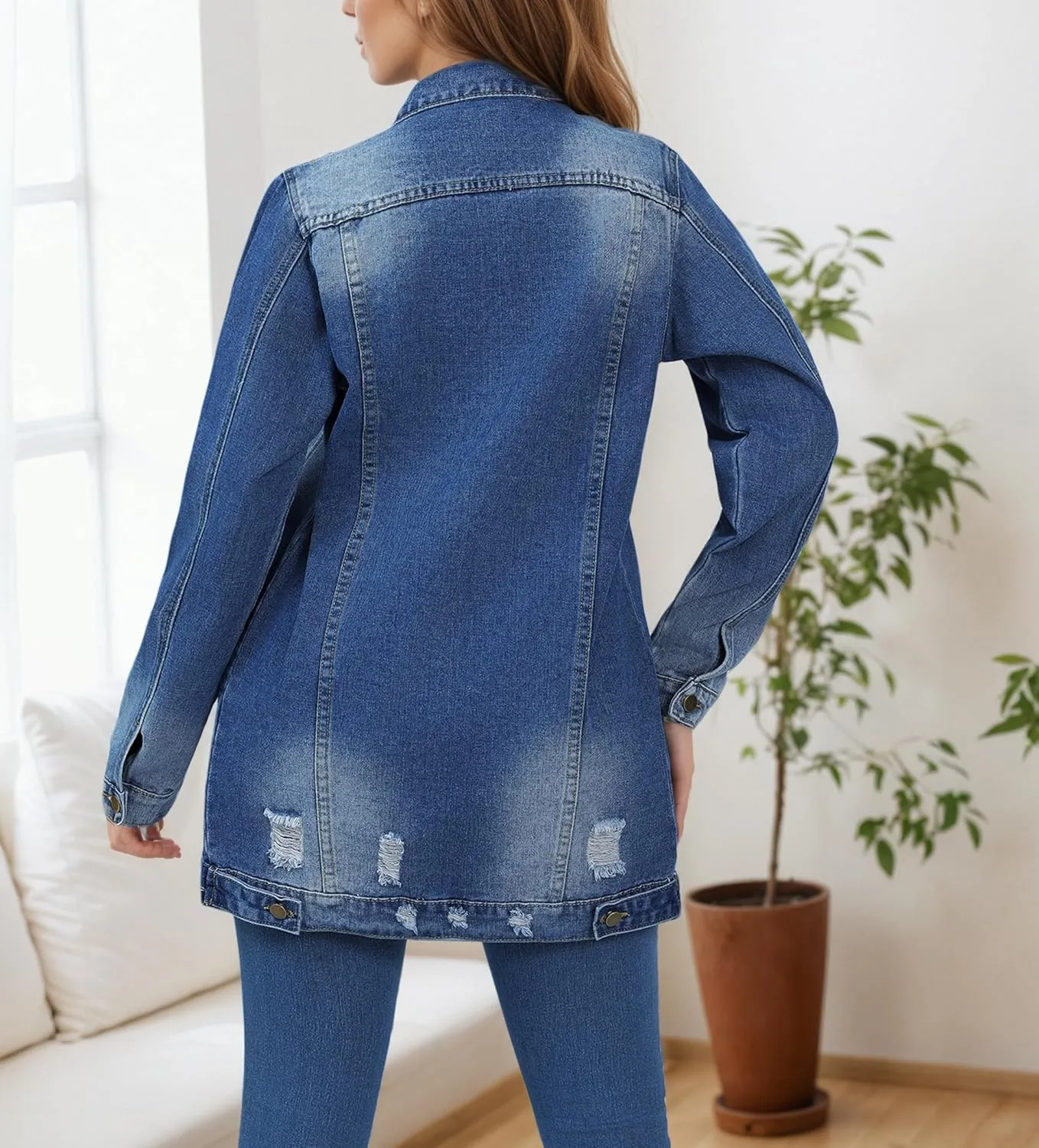 Women Distressed Denim Jacket Button Down Long Sleeve Midi Length Jean Coat Casual Oversized Ripped Denim Jacket