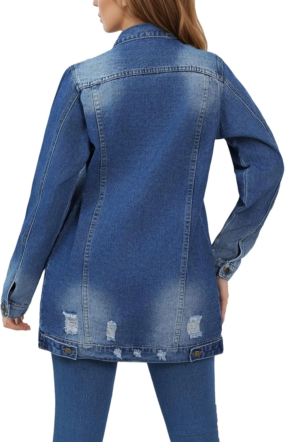 Women Distressed Denim Jacket Button Down Long Sleeve Midi Length Jean Coat Casual Oversized Ripped Denim Jacket