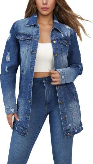 Women Distressed Denim Jacket Button Down Long Sleeve Midi Length Jean Coat Casual Oversized Ripped Denim Jacket