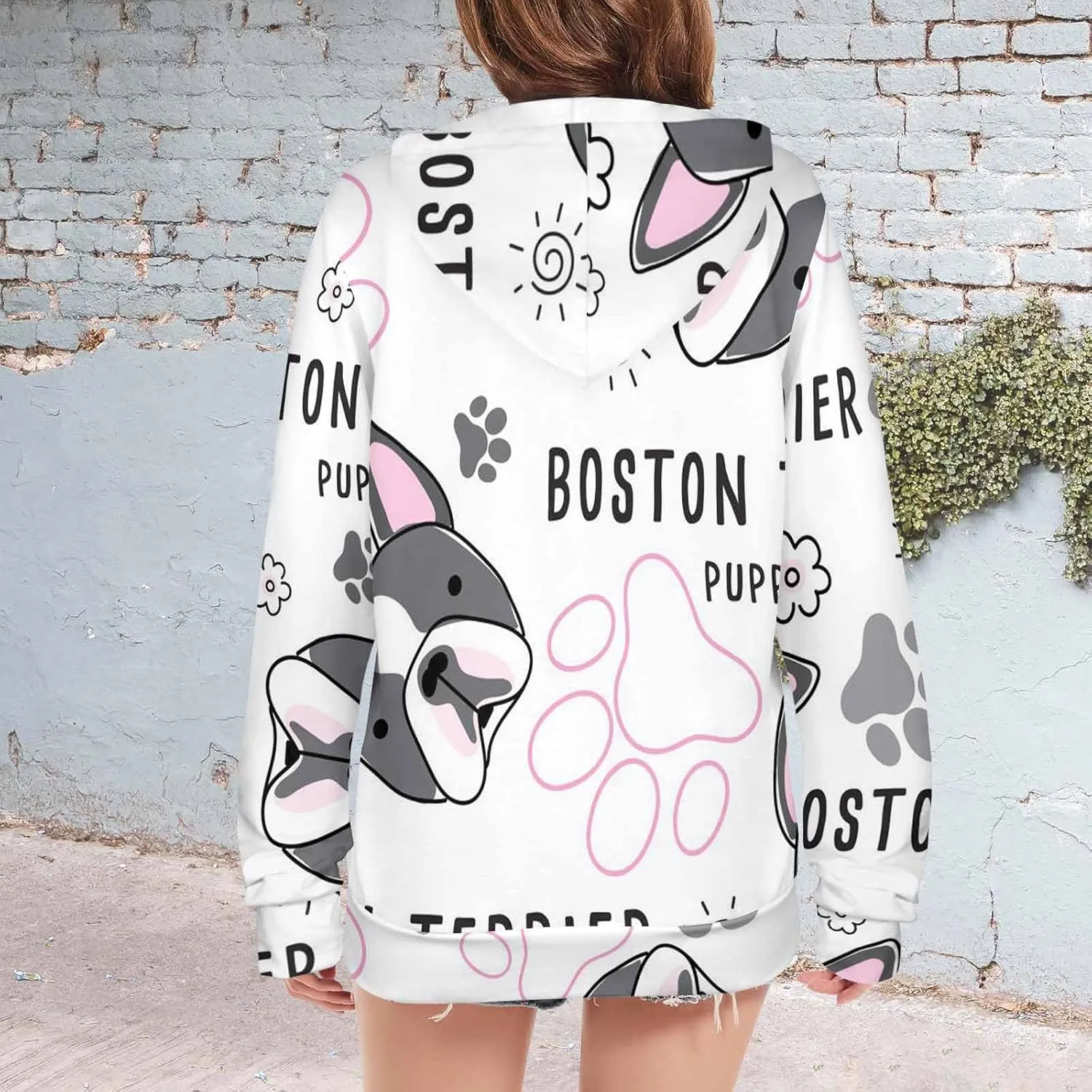 Women Hoodie Boston Terrier Pattern Oversized Drawstring Sweatshirts Hoodies Long Sleeve Shirts Pullover Clothes