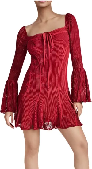 Women Lace Floral Dress Square Neck Mesh Flare Sleeve Ruched Bodycon Mini Party Club Wedding Guest Bridesmaid Dress