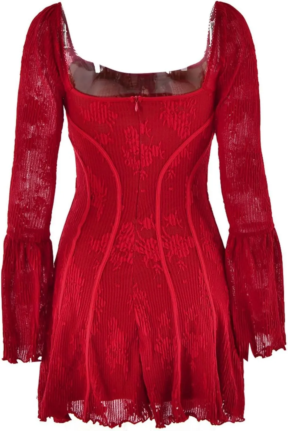 Women Lace Floral Dress Square Neck Mesh Flare Sleeve Ruched Bodycon Mini Party Club Wedding Guest Bridesmaid Dress