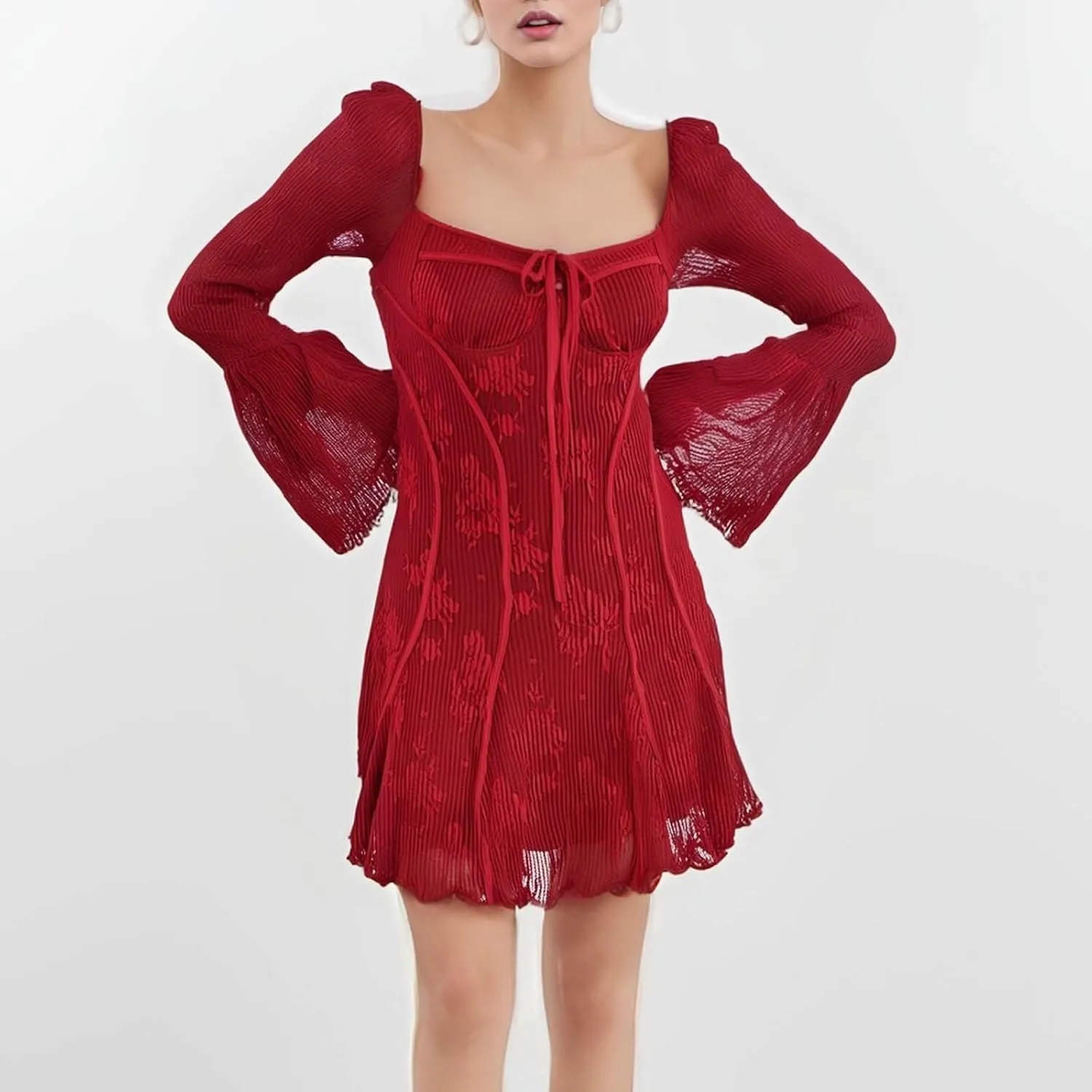 Women Lace Floral Dress Square Neck Mesh Flare Sleeve Ruched Bodycon Mini Party Club Wedding Guest Bridesmaid Dress