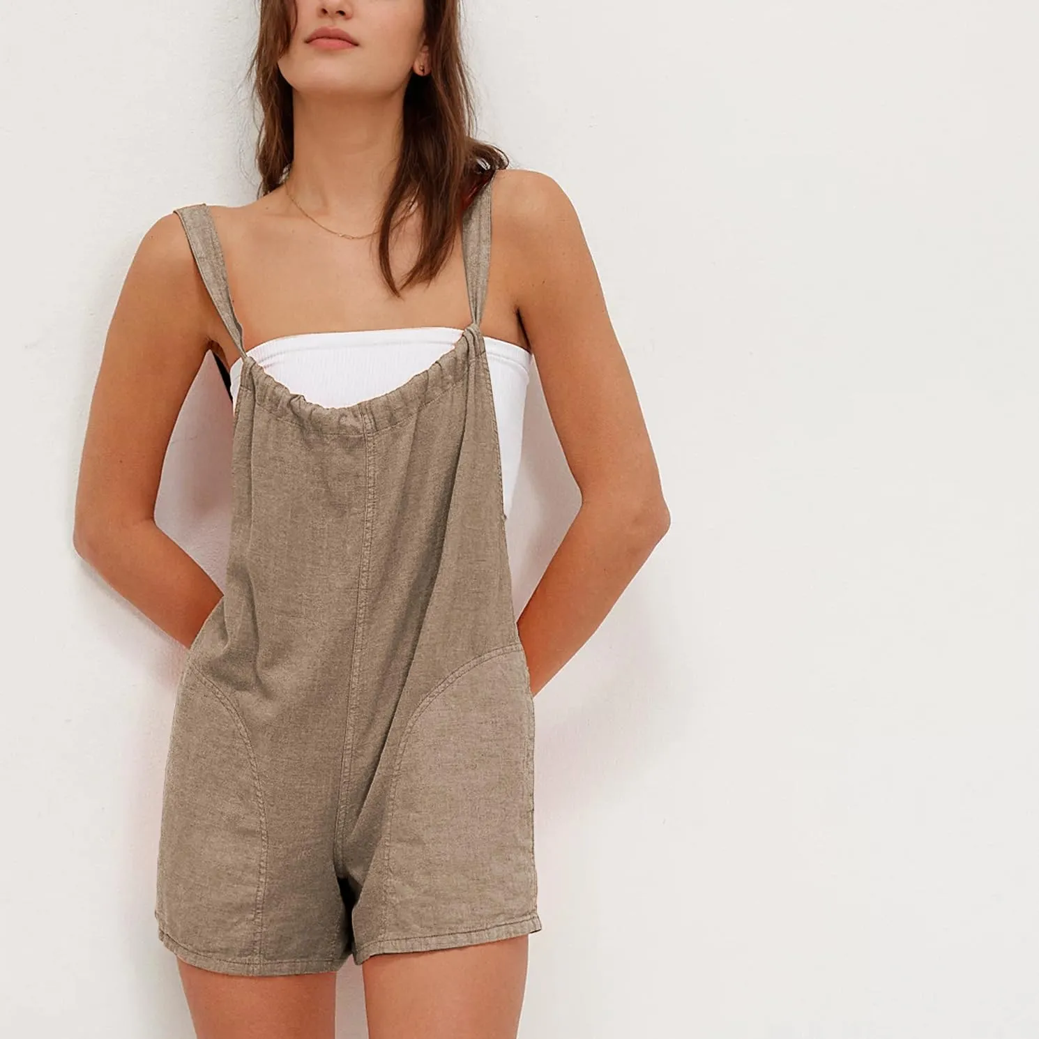 Women Linen Overalls Romper Casual Sleeveless Adjustable Tie Strap Overall Shorts Summer Beach Outfits with Pockets