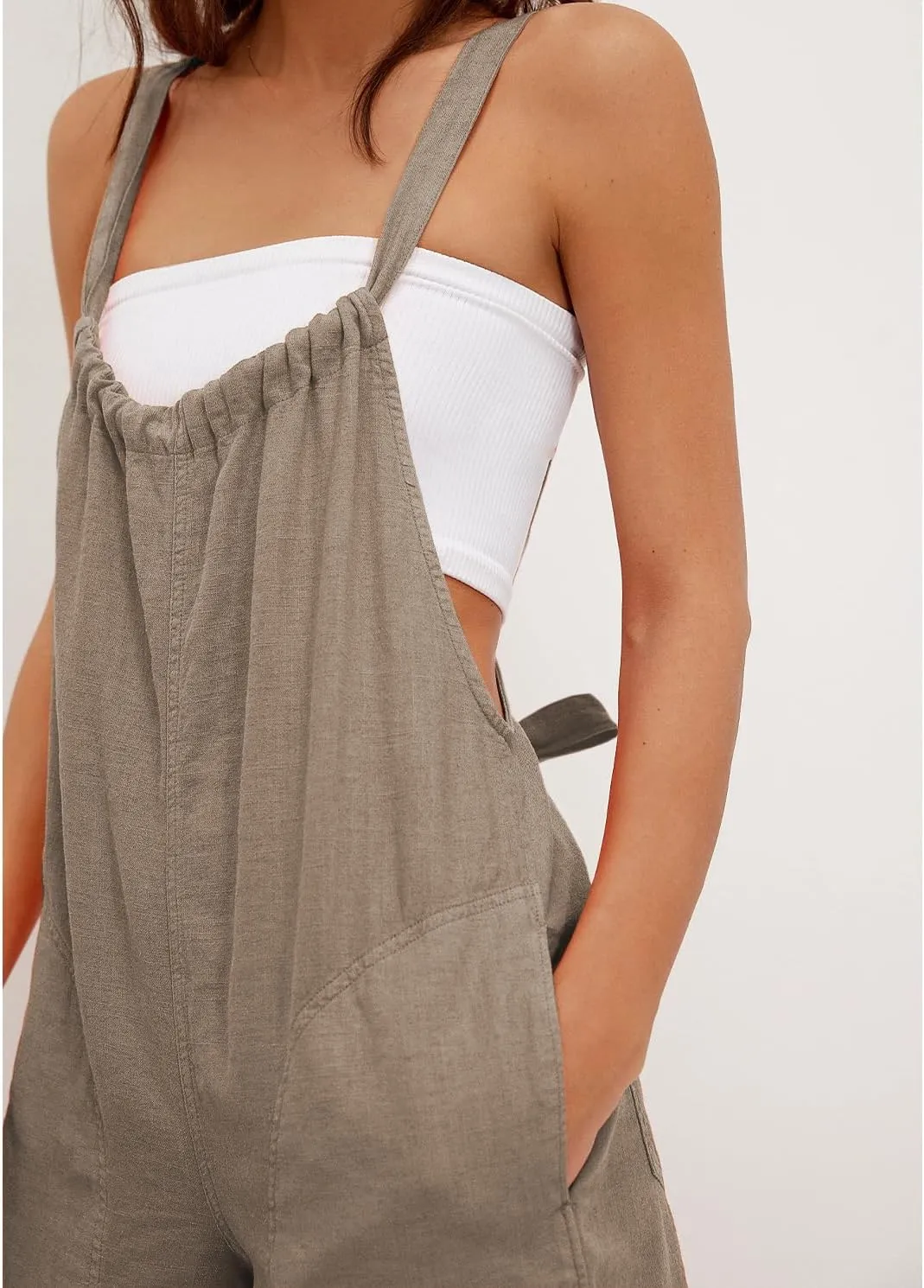 Women Linen Overalls Romper Casual Sleeveless Adjustable Tie Strap Overall Shorts Summer Beach Outfits with Pockets
