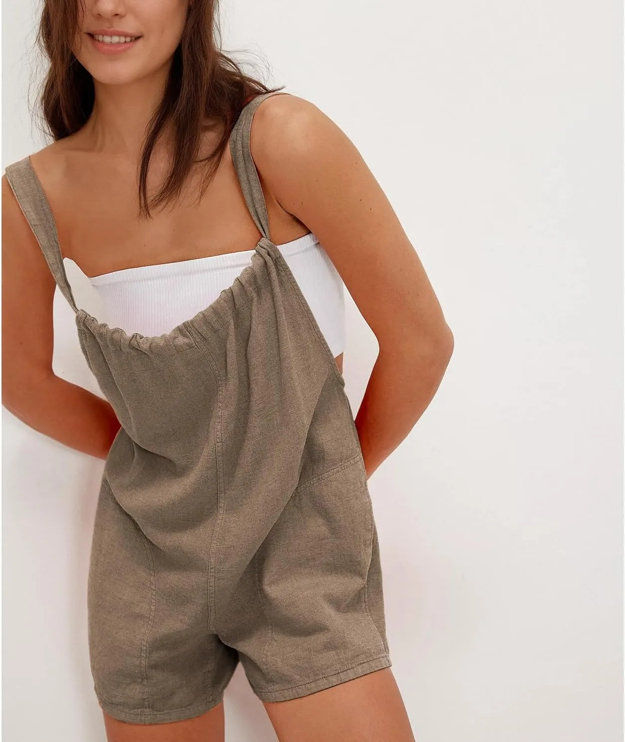 Women Linen Overalls Romper Casual Sleeveless Adjustable Tie Strap Overall Shorts Summer Beach Outfits with Pockets