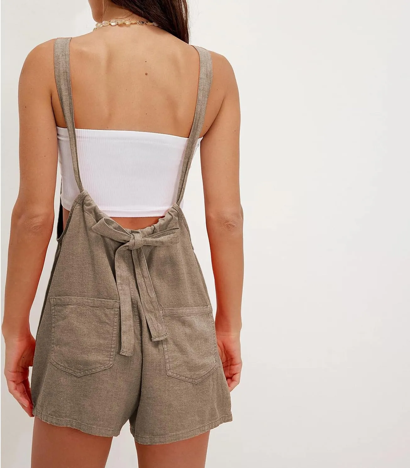 Women Linen Overalls Romper Casual Sleeveless Adjustable Tie Strap Overall Shorts Summer Beach Outfits with Pockets