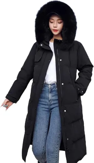 Women Long Down Cotton Parkas Coat Female Winter Loose Fur Collar Hooded Warm Thick Parkas Puffer Padded Overcoat