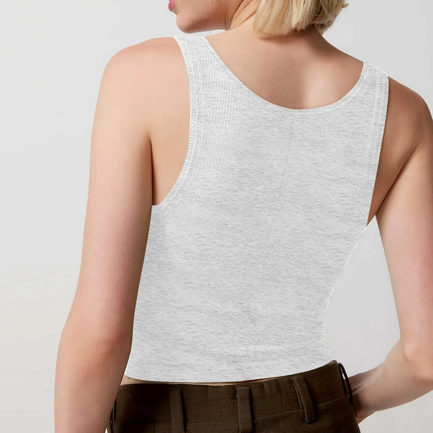 Women Ribbed Tank Top Pleated Square Neck Sleeveless Basic Fitted Crop Tops Y2K Henley Vest Petite