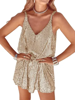 Women Sequin Sexy V Neck Shift Dress Sparkly Glitter Sleeveless Short Flowy Loose Party Night Out Club Dress