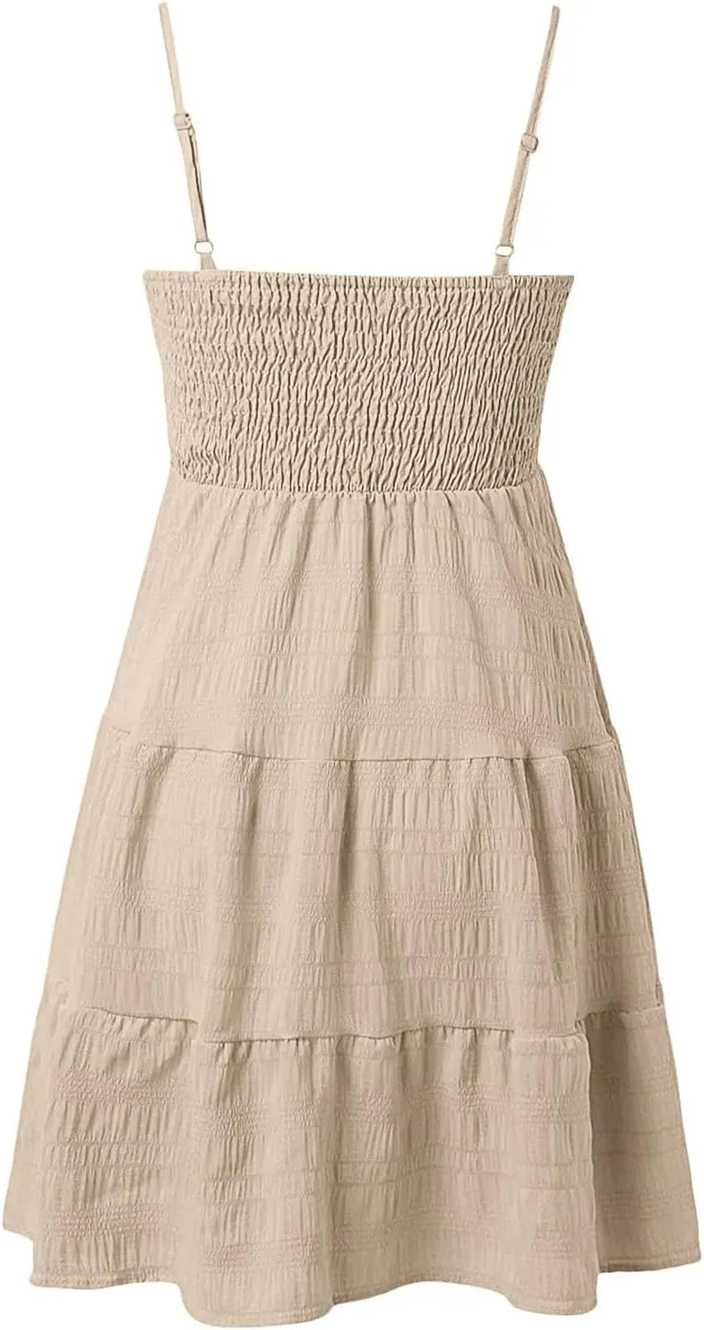 Women Sexy Sleeveless Beach Sundress Backless Big Swing Mini Dress Solid Spaghetti Strap Ruffles Dresses
