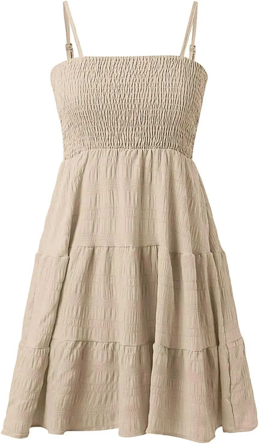 Women Sexy Sleeveless Beach Sundress Backless Big Swing Mini Dress Solid Spaghetti Strap Ruffles Dresses