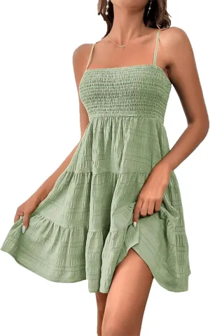 Women Sexy Sleeveless Beach Sundress Backless Big Swing Mini Dress Solid Spaghetti Strap Ruffles Dresses