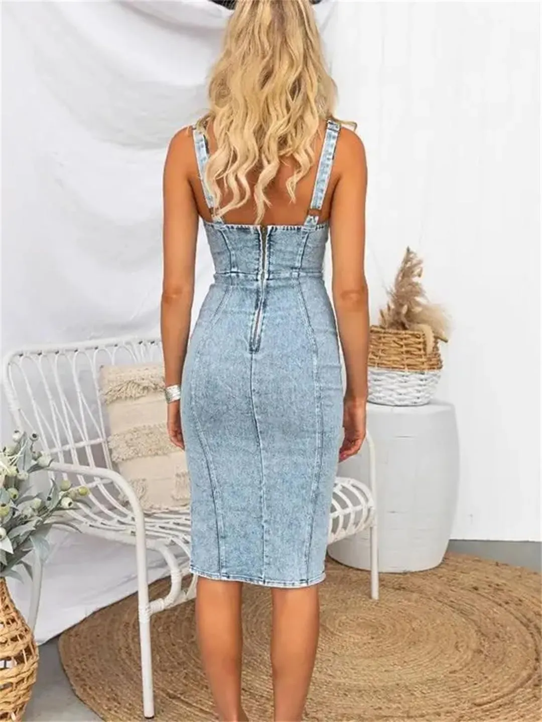 Women Sexy Slim Tube Top Denim Package Hip Bodycon Slit Jeans Dress
