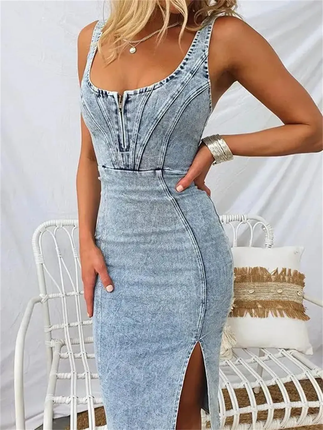 Women Sexy Slim Tube Top Denim Package Hip Bodycon Slit Jeans Dress