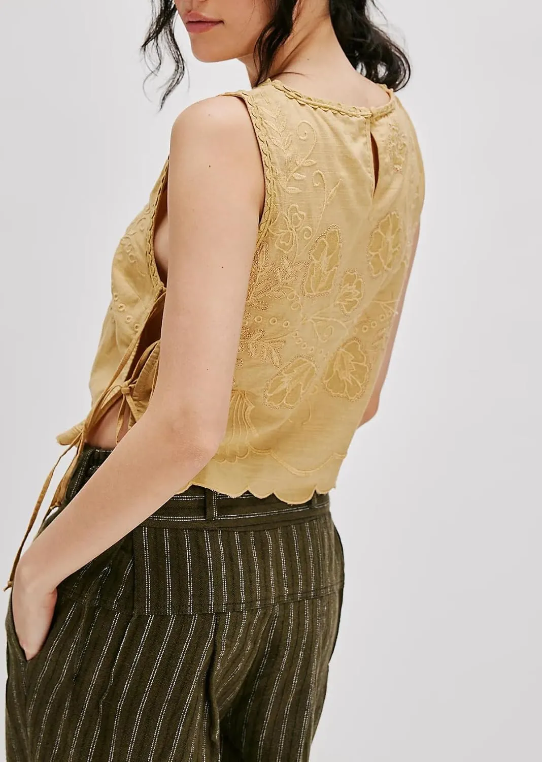 Women Side Tie Tank Top Y2k Floral Embroidery Crop Vest Sleeveless Flower Embroidered Babydoll Blouse