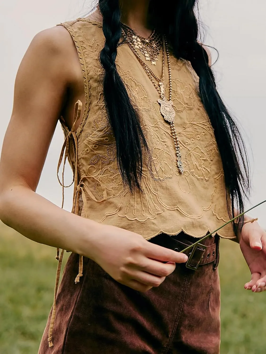 Women Side Tie Tank Top Y2k Floral Embroidery Crop Vest Sleeveless Flower Embroidered Babydoll Blouse