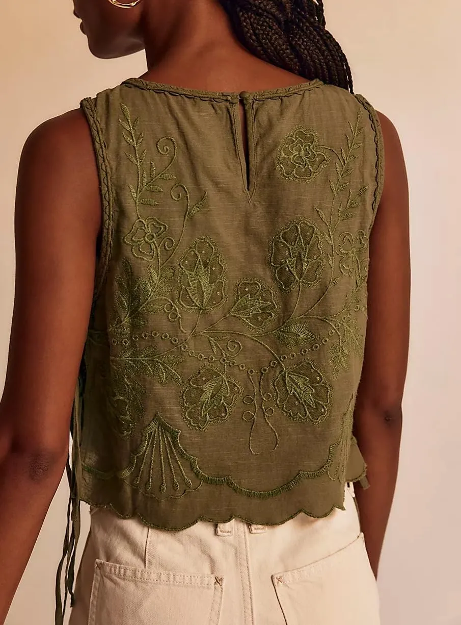 Women Side Tie Tank Top Y2k Floral Embroidery Crop Vest Sleeveless Flower Embroidered Babydoll Blouse