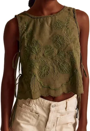 Women Side Tie Tank Top Y2k Floral Embroidery Crop Vest Sleeveless Flower Embroidered Babydoll Blouse