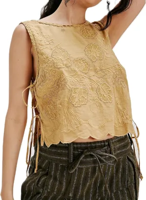 Women Side Tie Tank Top Y2k Floral Embroidery Crop Vest Sleeveless Flower Embroidered Babydoll Blouse