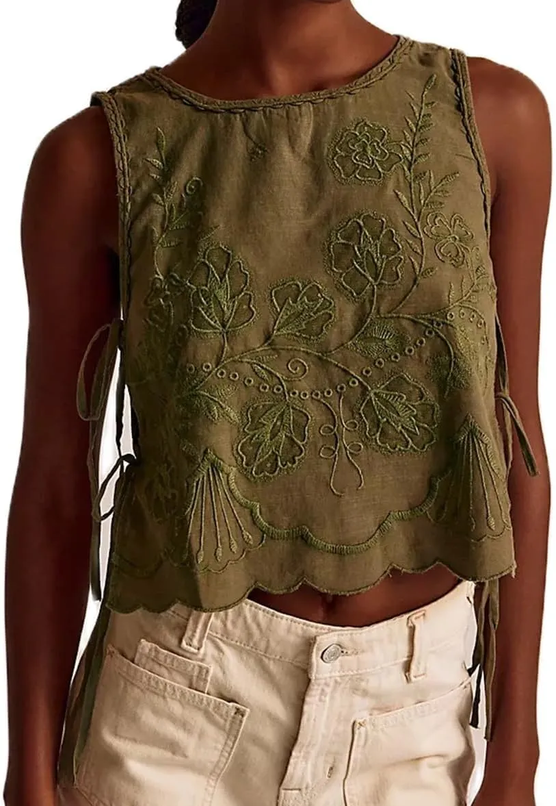 Women Side Tie Tank Top Y2k Floral Embroidery Crop Vest Sleeveless Flower Embroidered Babydoll Blouse