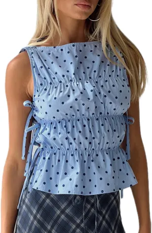 Women Side Tie Tank Top Y2k Floral Embroidery Crop Vest Sleeveless Flower Embroidered Babydoll Blouse