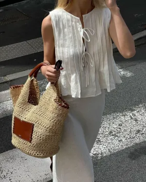 Women Summer Linen Tank Tops Coquette Bow Tie Front Top Shirt Vest Babydoll Ruffle Tops Cute Shirts Aesthetic Clothes