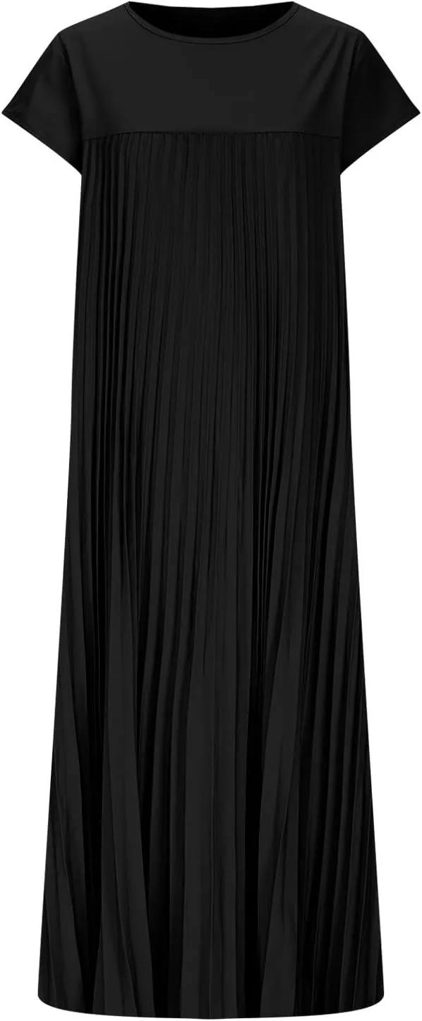 Women T Shirt Smocked Pleated Midi Dress 2025 Summer Plus Size Casual Short Sleeve Swing Dresses High Waist A-Line