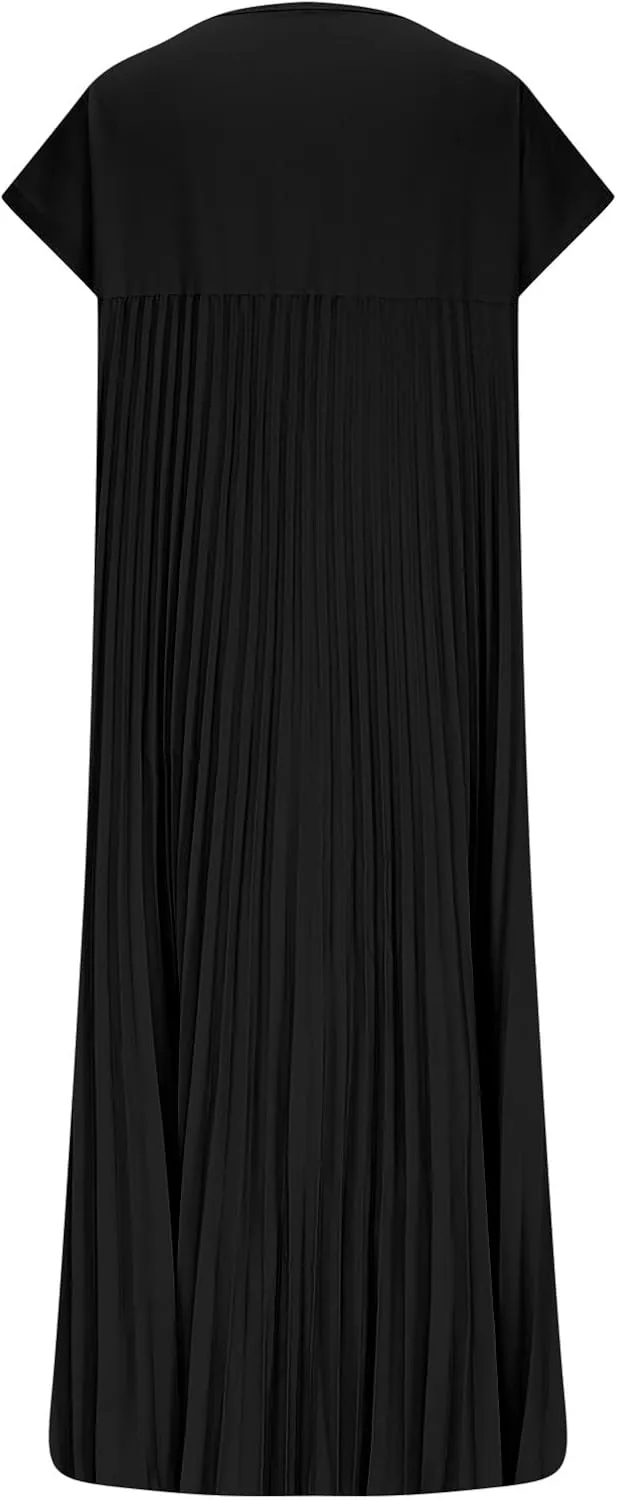 Women T Shirt Smocked Pleated Midi Dress 2025 Summer Plus Size Casual Short Sleeve Swing Dresses High Waist A-Line