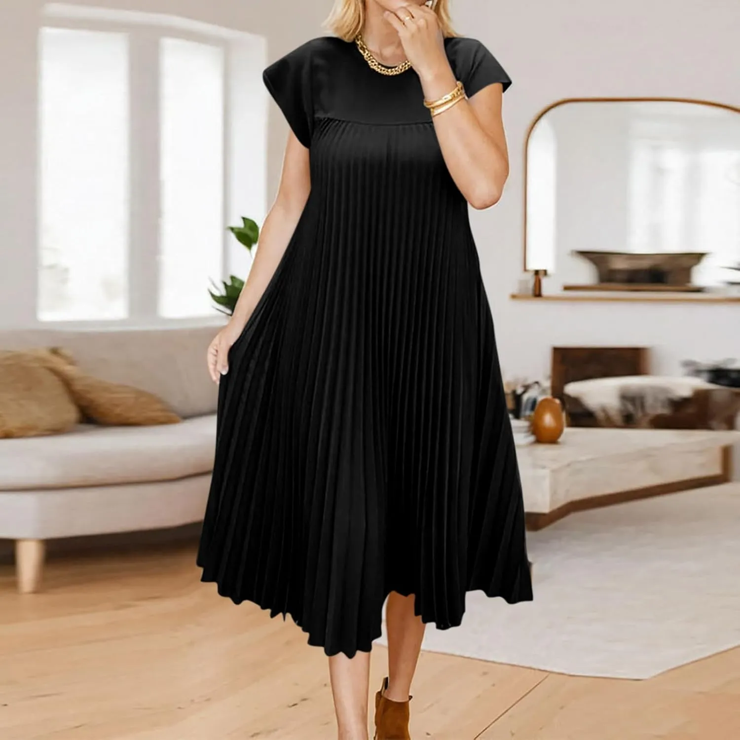 Women T Shirt Smocked Pleated Midi Dress 2025 Summer Plus Size Casual Short Sleeve Swing Dresses High Waist A-Line