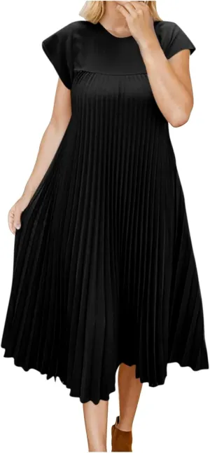Women T Shirt Smocked Pleated Midi Dress 2025 Summer Plus Size Casual Short Sleeve Swing Dresses High Waist A-Line