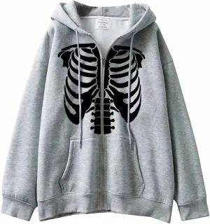 Women Trendy Hoodie Y2K Zip Up Oversized Sweatshirt Harajuku Punk Streetwear Long Sleeve Skeleton Grapic Jacket Cute